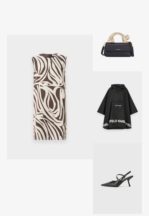 Must mustes ponšo koos kapuutsi ja esikotiga, millel on valge logo detailid äärisel. Sile ja kerge materjal.; Creemja ja pruuni värvi õlguvaba kleit, millel on keerlev lehe muster. Omab kõrget kaelust ja seljal lukuga kinnitamist. Valmistatud tekstuursusest kangast.; Must musta slingback kontsad, terava nina, peenike konts ja dekoratiivne pandla detail peal. Sile tekstuur ja stiilne disain.; Must või voodri tasku ja kuldne kassi kujuline käepide, millel on esine klapp, reguleeritav rihm ja logodetail alumisel ees.