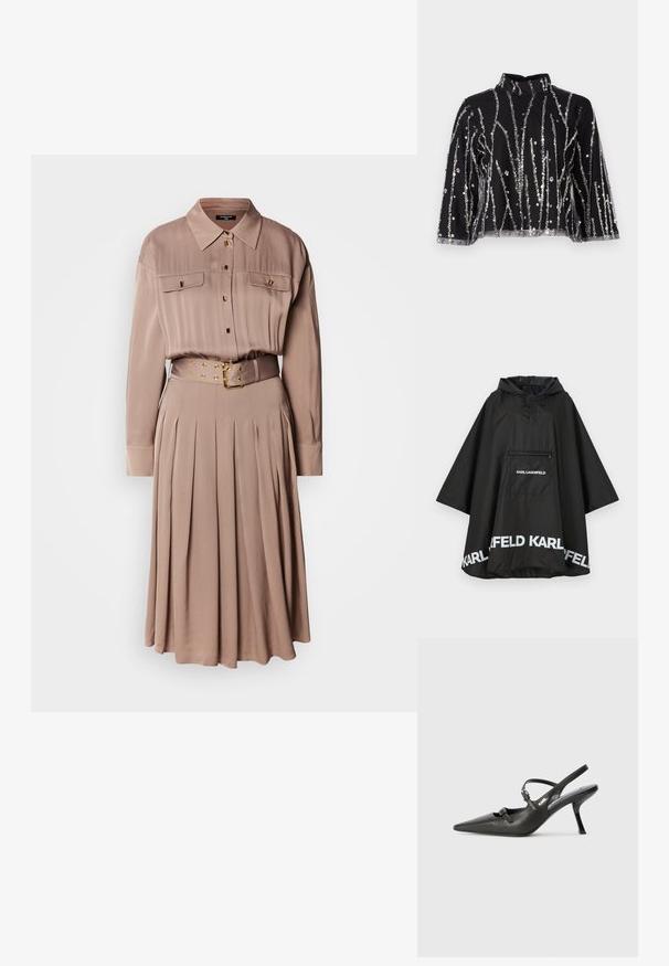 Svart vattentät poncho med huva, som har en framficka och vit logotypdetalj längs nederkanten. Slätt, lätt material.; Skjortklänning med lång ärm i mjuk beige tyg, utrustad med två bröstfickor, knäppning framtill, veckad kjol och ett matchande bälte med guldfästen.; Svart kort topp med hög hals, prydd med silverfärgade paljetter i vertikala linjer, genomskinliga ärmar och texturerad väv.; Svarta läderklackar med slingback, spetsig tå, smal klack och dekorativ spänndetalj på ovansidan. Slät struktur och stilren design.