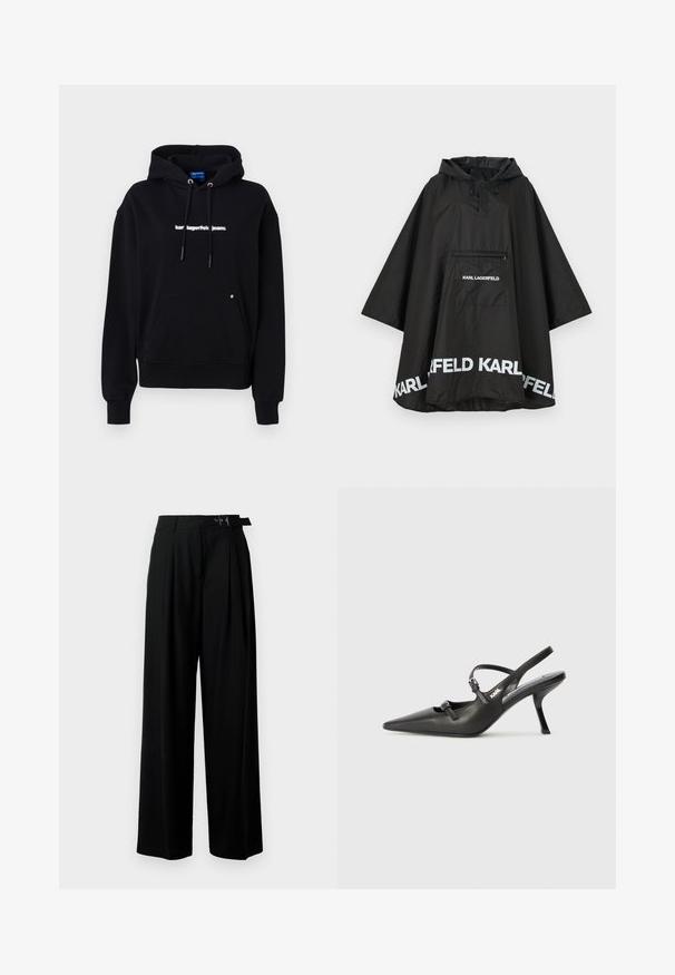 Svart vanntett poncho med hette, med en frontlomme og hvit logo detaljering langs kanten. Glatt, lett materiale.; Svart hettegenser laget av bomull. Har en frontlomme med kenguru, snorer og hvit tekstlogo på brystet. Myk tekstur og avslappet passform.; Svarte vide bukser med høy livlinje, folder foran og belte med spenne. Laget av glatt, lett materiale.; Sorte skinn slingback-hæler med spiss tå, slank hæl og dekorativ spenne detalj på vampsiden. Glatt tekstur og stilrent design.