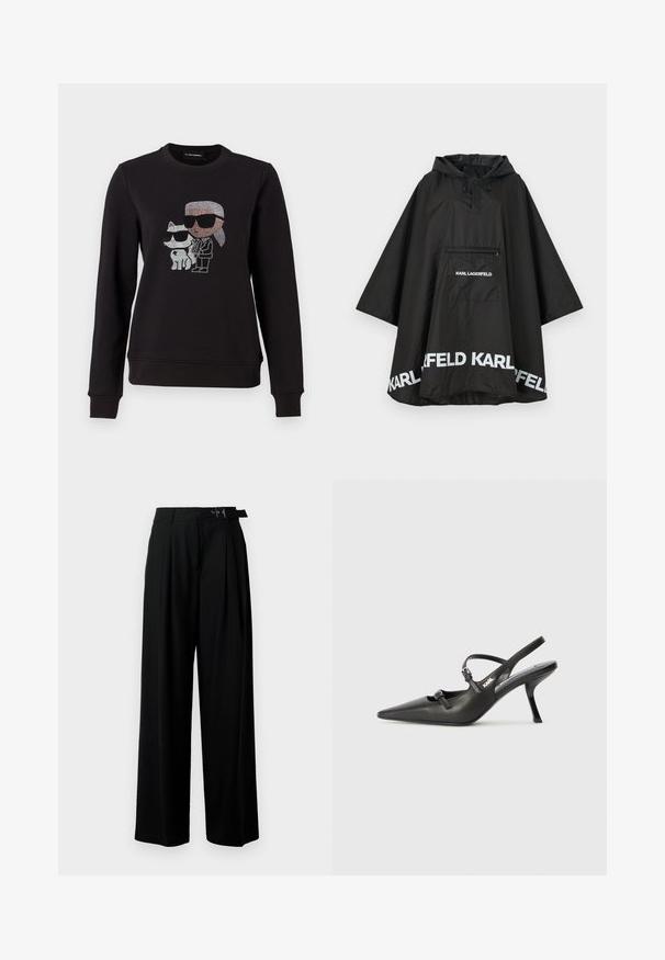 Melnā ūdensizturīgā pončo ar kapuci, ar priekšējo kabatu un baltu logo detalizāciju ap apakšmali. Gluda, viegla materiāla.; Melnā sporta krekla ar rhinestone grafiku, kurā attēlots tēls un kaķis, abi nēsā saulesbrilles. Klasisks apaļais kakls, ribotas piedurknes un apakšmala.; Melni plaši bikses ar augsto jostasvītru, priekšā ar krokojiem un jostu ar sprādzi. Izgatavotas no gludas, vieglas auduma.; Melnas ādas slingback papēži ar norādītu purngalu, izsmalcinātu papēdi un dekoratīvu sprādzi uz priekšpuses. Gluda tekstūra un elegants dizains.