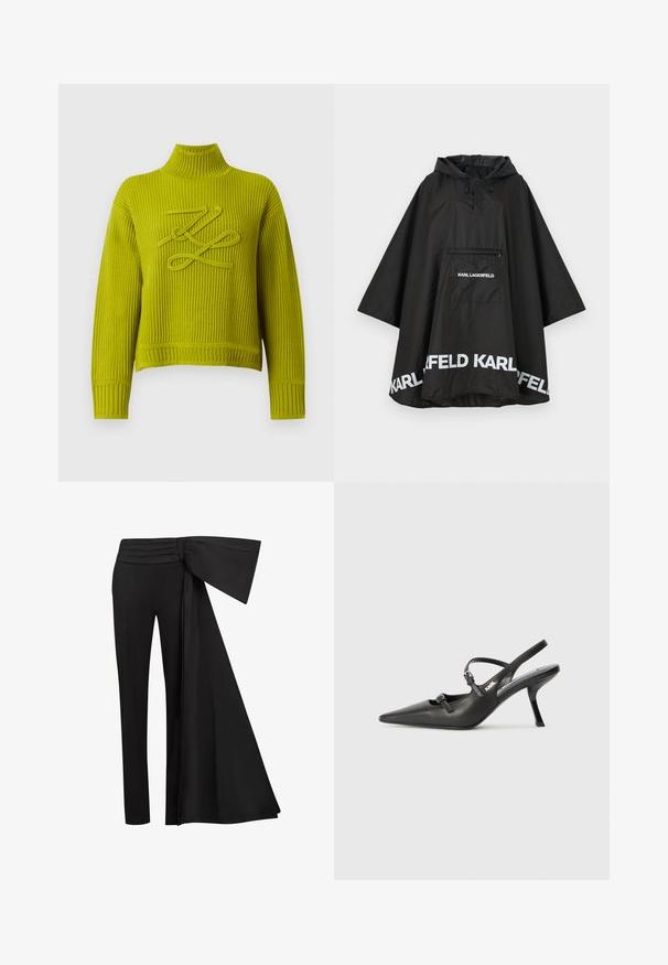 Svart vattentät poncho med huva, som har en framficka och vit logotypdetalj längs nederkanten. Slätt, lätt material.; Långärmad ribbstickad tröja i klar gulgrön färg med hög krage och dekorativ ögla-stickning på bröstet.; Svarta byxor med en bred, draperad sashesdetalj vid midjan. Slät tyg, rak benklippning och veckad midja.; Svarta läderklackar med slingback, spetsig tå, smal klack och dekorativ spänndetalj på ovansidan. Slät struktur och stilren design.