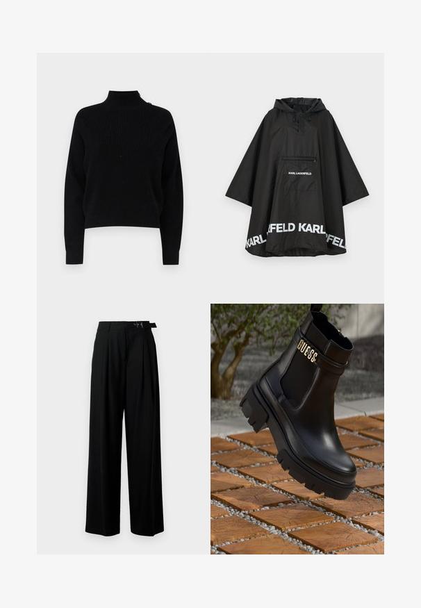 Black waterproof poncho with a hood, featuring a front pocket and white logo detailing along the hem. Smooth, lightweight material.; Black, ribbed knit turtleneck sweater with long sleeves and a cropped fit. Features a button detail at the shoulder for added design.; Black wide-leg trousers with a high waist, pleats at the front, and a belt featuring a buckle. Made from smooth, lightweight fabric.; Black leather ankle boot featuring a chunky rubber sole, elastic side panels, and a gold accent with "GUESS" branding.
