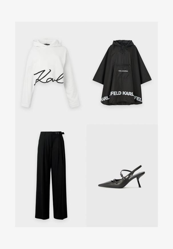 Poncho negru, impermeabil, cu glugă, având o buzunar frontal și detalii cu logo alb pe margine. Material ușor și neted.; Hanorac scurt alb dintr-un material moale, cu mâneci lungi și un logo din scris negru pe față. Textură netedă, cu o croială lejeră.; Pantaloni negri cu croi larg, talie înaltă, pliuri în față și un b μέρος cu cataramă. Confecționați dintr-un material neted și ușor.; Pantofi cu toc slingback din piele neagră, cu vârful ascuțit, toc subțire și detaliu decorativ cu cataramă pe partea din față. Textură netedă și design elegant.