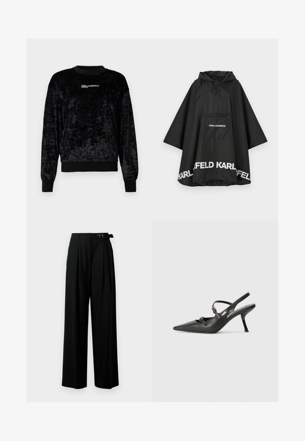 Fekete vízálló poncsó kapucnival, elülső zsebbel és fehér logó részletekkel az alján. Simább, könnyű anyag.; Fekete bársonyos pulóver hosszú ujjakkal, kerek nyakkal, bordázott mandzsettával és aljjal. Fehér "KARL LAGERFELD JEANS" logó található rajta. Puha tapintású.; Fekete, bő szárú nadrág magas derékkal, elöl pliszírozva, és csattal ellátott övvel. Simább, könnyű anyagból készült.; Fekete bőrszíjjal ellátott magassarkú cipő, hegyes orral, karcsú sarkával és díszes csattal a vamp részén. Simás textúra és elegáns dizájn.