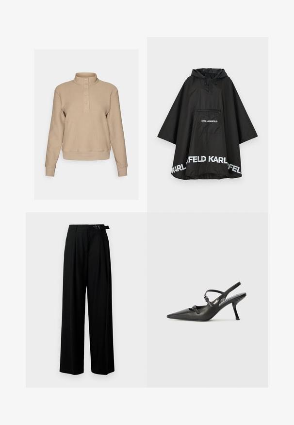 Czarny wodoodporny poncho z kapturem, z kieszenią z przodu i białymi detalami logo wzdłuż krawędzi. Gładki, lekki materiał.; Beżowy sweter z teksturowaną dzianiną, wysoki kołnierz i cztery guziki przy dekolcie. Dopasowane mankiety i dolny brzeg w kontraście z gładkim materiałem.; Czarne spodnie szerokie w nogawkach z wysokim stanem, z plisami z przodu oraz paskiem z klamrą. Wykonane z gładkiego, lekkiego materiału.; Czarne skórzane sandały na obcasie typu slingback z wydłużonym noskiem, smukłym obcasem i ozdobnym zapięciem na cholewce. Gładka tekstura i elegancka forma.