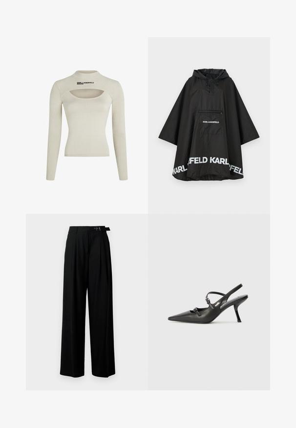 Svart vattentät poncho med huva, som har en framficka och vit logotypdetalj längs nederkanten. Slätt, lätt material.; Ljus beige ribbad långärmad topp med hög krage och utskärningsdetalj, prydd med "KARL LAGERFELD JEANS"-logotypen i svart.; Svarta byxor med vida ben och hög midja, med veck framtill och ett bälte med spänne. Tillverkade av ett mjukt, lätt tyg.; Svarta läderklackar med slingback, spetsig tå, smal klack och dekorativ spänndetalj på ovansidan. Slät struktur och stilren design.