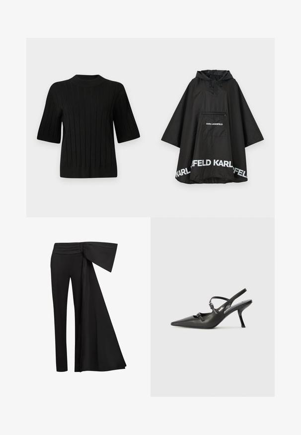 Črn vodoodporen pončo s kapuco, ki ima sprednji žep in bele logotipske detajle ob robu. Gladek, lahek material.; Črna kratkoslična pulover z rebrasto teksturo in visokim ovratnikom, ki ima vertikalne črte in prilegajoč silhuet.; Črne hlače z širokim, drapiranim pasom na pasu. Gladko blago, ravna kroja in nabran pas.; Črne usnjene sandale na peto s koničastim nosom, vitko peto in okrasno zaponko na sprednjem delu. Gladka tekstura in eleganten dizajn.