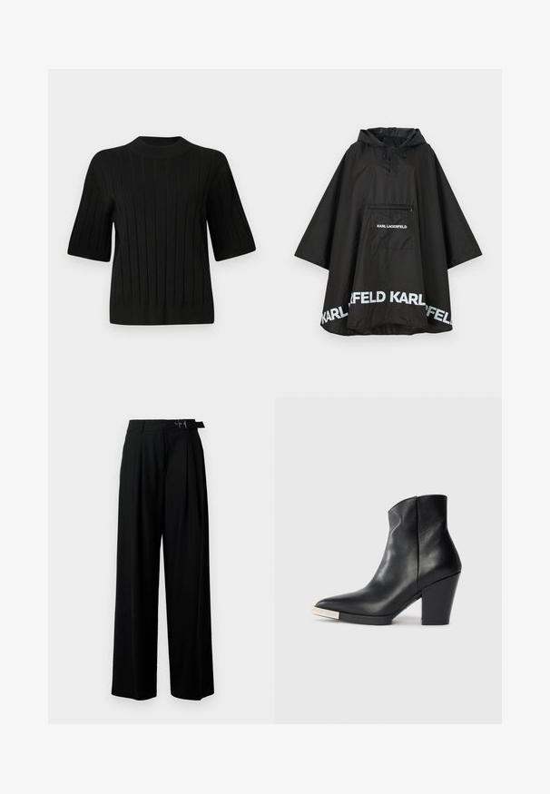Sort vandtæt poncho med hætte, der har en frontlomme og hvidt logo-detalje langs kanten. Glat, letvægtsmateriale.; Sort kortærmet sweater med ribbet tekstur og høj halsudskæring, prydet med lodrette linjer og en tætsiddende silhuet.; Sort vide-bein bukser med høj talje, læg foran og et bælte med spænde. Fremstillet af glat, let materiale.; Sort læder ankelstøvle med spids tå, høj blokhæl og detalje med sølv tåhætte. Glat tekstur og enkelt design.