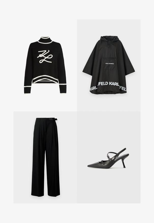 Poncho nero impermeabile con cappuccio, dotato di una tasca frontale e dettagli in logo bianco lungo l'orlo. Materiale liscio e leggero.; Maglione nero lavorato a maglia con collo alto, accenti bianchi ai polsini e all'orlo, caratterizzato da un grande logo bianco grafico sulla parte anteriore.; Pantaloni neri a gamba larga con vita alta, pieghe nella parte anteriore e una cintura con fibbia. Realizzati in tessuto liscio e leggero.; Scarpe slingback nere in pelle con punta affilata, tacco sottile e dettaglio decorativo a fibbia sulla tomaia. Texture liscia e design elegante.