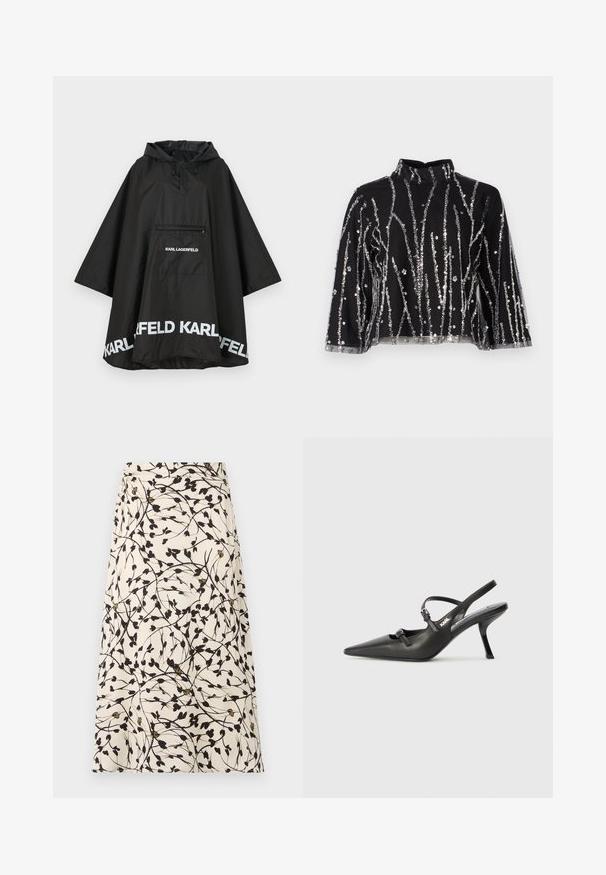 Svart vattentät poncho med huva, som har en framficka och vit logotypdetalj längs nederkanten. Slätt, lätt material.; Svart kort topp med hög hals, prydd med silverfärgade paljetter i vertikala linjer, genomskinliga ärmar och texturerad väv.; En beige kjol med ett svart blommönster och tunna grenar. Mönstret innehåller små löv och occasionala gyllene accenter.; Svarta läderklackar med slingback, spetsig tå, smal klack och dekorativ spänndetalj på ovansidan. Slät struktur och stilren design.
