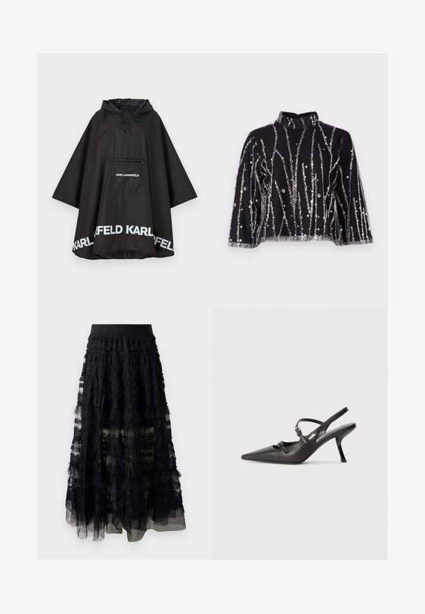 Musta vedenpitävä poncho hupulla, jossa on etutasku ja valkoista logoa helmassa. Sujuva, kevyt materiaali.; Musta lyhyt toppi korkealla kauluksella, jossa on hopeanvärisiä paljetteja vaakasuorina, läpinäkyvät hihat ja teksturoitu materiaali.; Mustat kerroksittaiset pitsihameet, joissa on röyhelömuotoilu, leveä vyötäröosa ja läpinäkyvät kerrokset. Rakenteellinen pitsi ja pistekuvioinen päällyste.; Mustat nahkaiset slingback-korkokengät, joissa on terävä kärki, hoikka korko ja koristeellinen solkityyny varpailla. Tasainen pinta ja tyylikäs muotoilu.