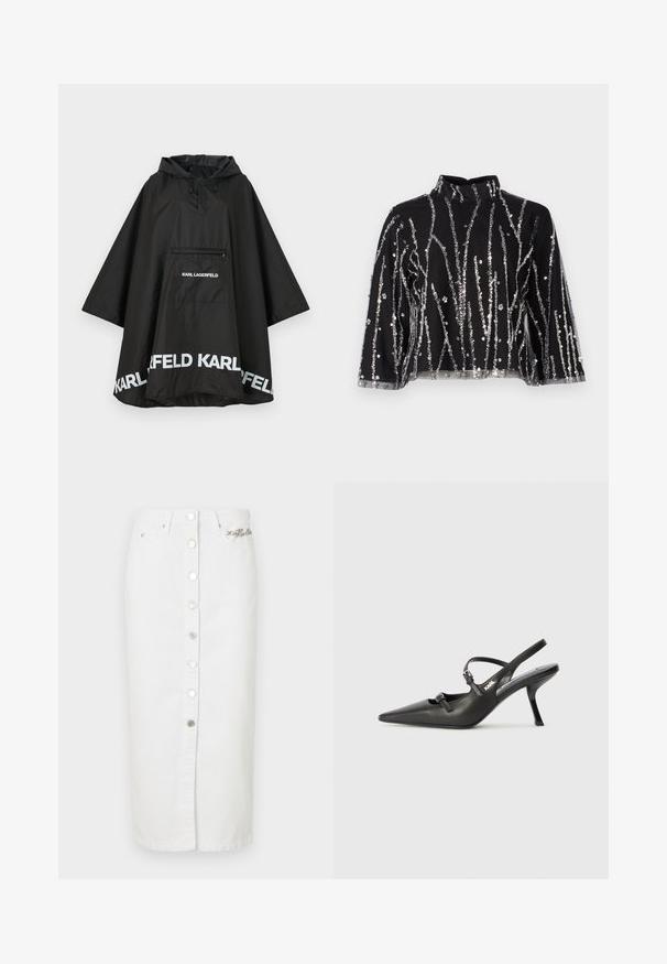 Svart vanntett poncho med hette, med en frontlomme og hvit logo detaljering langs kanten. Glatt, lett materiale.; Svart topp med høy hals, prydet med sølvfargede paljetter i vertikale linjer, gjennomsiktige ermer og teksturert stoff.; Hvitt denimskjørt med frontlukkeknapper, sidelommer og logodetalj. Lang lengde med rett snitt og jevn tekstur.; Sorte skinn slingback-hæler med spiss tå, slank hæl og dekorativ spenne detalj på vampsiden. Glatt tekstur og stilrent design.