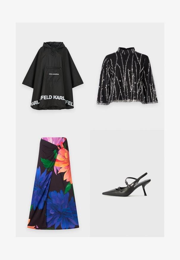 Schwarzer wasserdichter Poncho mit Kapuze, ausgestattet mit einer Fronttasche und weißen Logodetails am Saum. Glattes, leichtes Material.; Schwarzes crop-top mit hohem Kragen, das mit silbernen, glitzernden, vertikalen Linien, durchsichtigen Ärmeln und strukturiertem Stoff versehen ist.; Maxi-Rock mit floralem Muster auf schwarzem Hintergrund, der große blaue und orangefarbene Blumen zeigt. Knoten-Design an der Taille mit rotem Akzent. Weicher Stoff.; Schwarzlederne Slingback-Absätze mit spitzer Zehenform, schlankem Absatz und dekorativem Schnallendetail auf dem Blatt. Glatte Textur und elegantes Design.