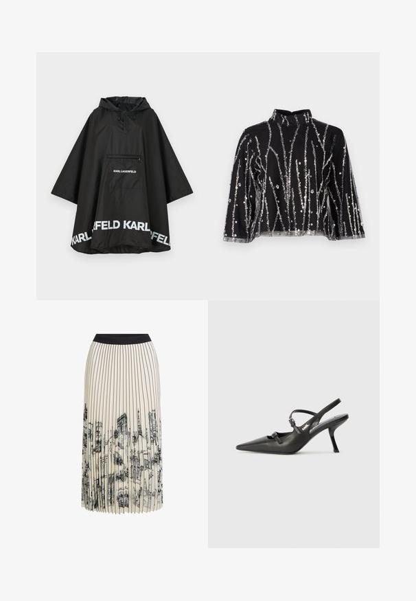 Melnā ūdensizturīgā pončo ar kapuci, ar priekšējo kabatu un baltu logo detalizāciju ap apakšmali. Gluda, viegla materiāla.; Melna īsā topiņa ar augstu kaklu, kurai ir sudraba mirdzošas vertikālas svītras, caurspīdīgas piedurknes un teksturēta auduma.; Kremkrāsas pleitota svārki ar melnu jostasvietu, kas papildināta ar detalizētu arhitektūras skiču druku melnā krāsā, akcentējot dažādus ēku dizainus.; Melnas ādas slingback papēži ar norādītu purngalu, izsmalcinātu papēdi un dekoratīvu sprādzi uz priekšpuses. Gluda tekstūra un elegants dizains.