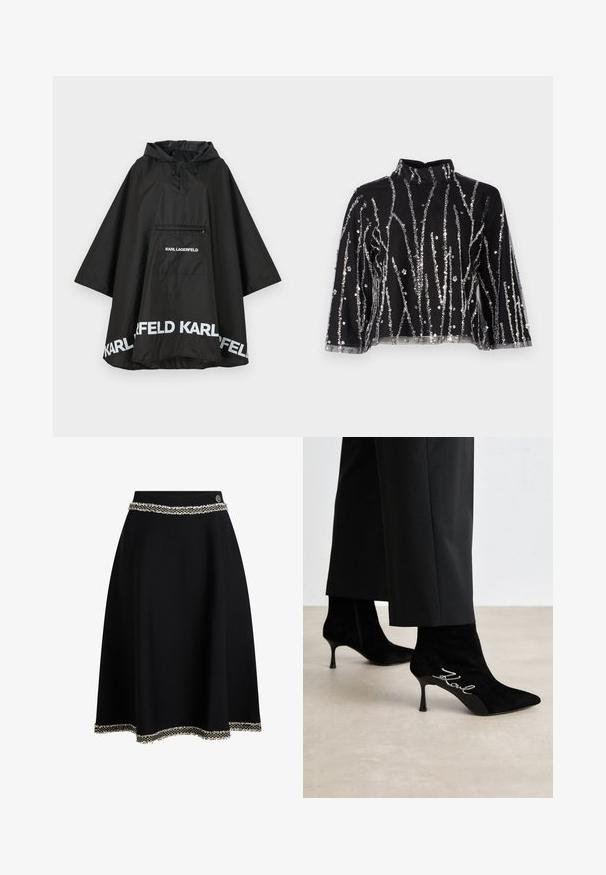 Black waterproof poncho with a hood, featuring a front pocket and white logo detailing along the hem. Smooth, lightweight material.; Black cropped top with high neck, featuring silver sequined vertical lines, sheer sleeves, and textured fabric.; Black skirt with a flared design, featuring a textured waistband and a decorative white fringe trim along the hem.; Black suede ankle boots with pointed toes, slim heels, and silver "Kowl" detailing on the side. Smooth texture and fitted design.