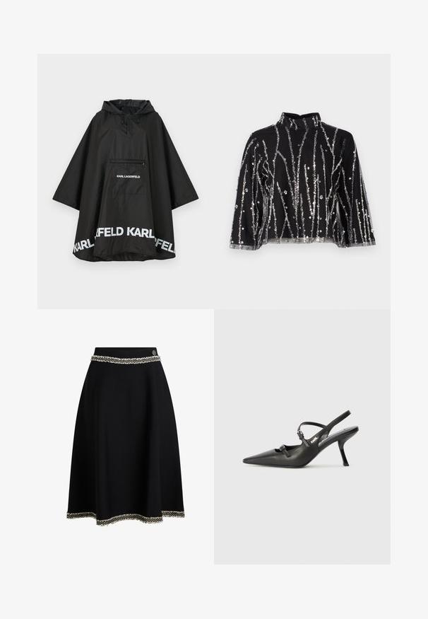 Čierny nepremokavý plášť s kapucňou, vybavený prednou vreckom a bielym logom pozdĺž lemu. Hladký, ľahký materiál.; Čierny crop top s vysokým golierom, ktorý má vertikálne strieborné trblietavé prúžky, priesvitné rukávy a textúrovanú látku.; Čierna sukňa s rozšíreným dizajnom, so štruktúrovaným pásom a dekoratívnym bielym strapcom pozdĺž lemu.; Čierne kožené slingback topánky na vysokom podpätku s ostrou špicou, štíhlym podpätkom a dekoratívnym detailom s prackou na priehlavku. Hladká textúra a elegantný dizajn.