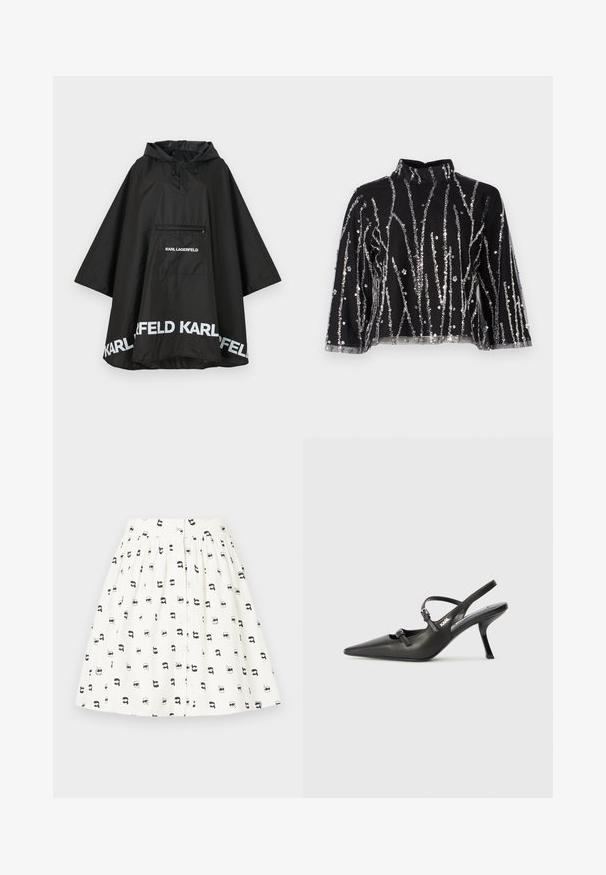 Svart vattentät poncho med huva, som har en framficka och vit logotypdetalj längs nederkanten. Slätt, lätt material.; Svart kort topp med hög hals, prydd med silverfärgade paljetter i vertikala linjer, genomskinliga ärmar och texturerad väv.; Vit tygkjol med ett mönster av små svarta tecknade ansikten med olika accessoarer. Den har en knäppning framtill och ett rynkat midjeband.; Svarta läderklackar med slingback, spetsig tå, smal klack och dekorativ spänndetalj på ovansidan. Slät struktur och stilren design.