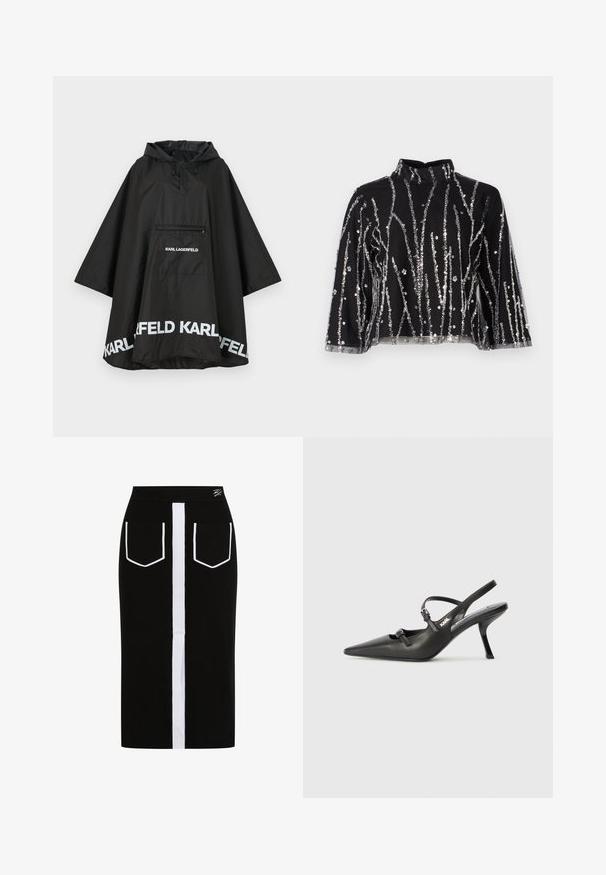 Melnā ūdensizturīgā pončo ar kapuci, ar priekšējo kabatu un baltu logo detalizāciju ap apakšmali. Gluda, viegla materiāla.; Melna īsā topiņa ar augstu kaklu, kurai ir sudraba mirdzošas vertikālas svītras, caurspīdīgas piedurknes un teksturēta auduma.; Melnā adīta midi svārki ar plašu baltu vertikālu svītru un baltām kabatām. Iebūvēts elastīgs josta ērtībai.; Melnas ādas slingback papēži ar norādītu purngalu, izsmalcinātu papēdi un dekoratīvu sprādzi uz priekšpuses. Gluda tekstūra un elegants dizains.