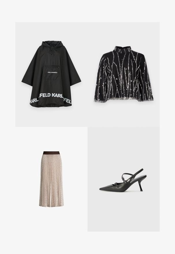 Sort vandtæt poncho med hætte, der har en frontlomme og hvidt logo-detalje langs kanten. Glat, letvægtsmateriale.; Sort cropped top med høj hals, prydet med sølvfarvede palietter i lodrette linjer, gennemsigtige ærmer og tekstureret stof.; Plisseret beige midi-nederdel med subtil geometrisk mønster og mørk talje, der har det præget "JOOP!" logo.; Sorte læder slingback hæle med spids tå, slank hæl og dekorativ spænde detalje på vampen. Glat tekstur og strømlinet design.