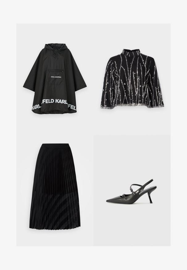 Melnā ūdensizturīgā pončo ar kapuci, ar priekšējo kabatu un baltu logo detalizāciju ap apakšmali. Gluda, viegla materiāla.; Melna īsā topiņa ar augstu kaklu, kurai ir sudraba mirdzošas vertikālas svītras, caurspīdīgas piedurknes un teksturēta auduma.; Melnā plisētā svārki, kas izgatavoti no viegla auduma, ar elastīgu jostu, ar vertikālām svītrām, ko veido maiņā esošas tekstūras.; Melnas ādas slingback papēži ar norādītu purngalu, izsmalcinātu papēdi un dekoratīvu sprādzi uz priekšpuses. Gluda tekstūra un elegants dizains.