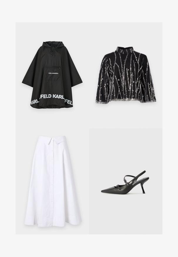 Čierny nepremokavý plášť s kapucňou, vybavený prednou vreckom a bielym logom pozdĺž lemu. Hladký, ľahký materiál.; Čierny crop top s vysokým golierom, ktorý má vertikálne strieborné trblietavé prúžky, priesvitné rukávy a textúrovanú látku.; Biela dlhá sukňa vyrobená z ľahkej textílie, s predným zapínaním na gombíky, širokým lemom a štruktúrovaným golierom. Hladká textúra bez viditeľného vzoru.; Čierne kožené slingback topánky na vysokom podpätku s ostrou špicou, štíhlym podpätkom a dekoratívnym detailom s prackou na priehlavku. Hladká textúra a elegantný dizajn.