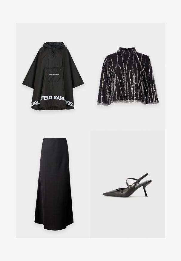 Juodas vandeniui atsparus pončas su kapišonu, turintis priekinę kišenę ir baltus logotipus palei apvadu. Lygus, lengvas audinys.; Juodas trumpas viršus su aukštu kaklu, papuoštas sidabriniais blizgučiais vertikaliomis linijomis, permatomomis rankovėmis ir tekstūruotu audiniu.; Juodas midi sijonas su глаudžiu tekstūru, sukurtas aukštu juosmeniu ir šoniniu įplyšimu, turintis paprastą, nepuoštą siluetą.; Juodi odiniai slingback kulniukai su smailiu pirštu, siauru kulnu ir dekoratyvine sagtimi viršuje. Lygus paviršius ir elegantiškas dizainas.