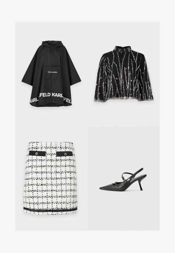 Svart vanntett poncho med hette, med en frontlomme og hvit logo detaljering langs kanten. Glatt, lett materiale.; Svart topp med høy hals, prydet med sølvfargede paljetter i vertikale linjer, gjennomsiktige ermer og teksturert stoff.; Tweed mini skjørt i hvit og svart, med rutemønster, svarte detaljer, to frontlommer og detaljer med gullknapper.; Sorte skinn slingback-hæler med spiss tå, slank hæl og dekorativ spenne detalj på vampsiden. Glatt tekstur og stilrent design.