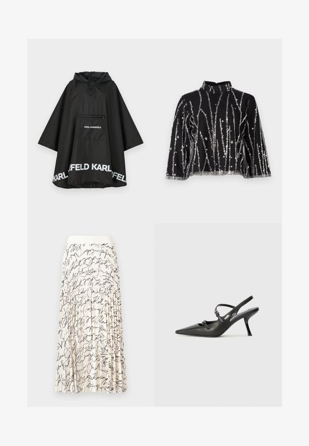 Fekete vízálló poncsó kapucnival, elülső zsebbel és fehér logó részletekkel az alján. Simább, könnyű anyag.; Fekete, cropped fazonú felső magas nyakkal, ezüstszínű flitteres függőleges csíkokkal, áttetsző ujjakkal és texturált anyaggal.; Krém színű, fekete kézírásos mintákkal díszített redős midi szoknya, sima derékpánttal és légies anyaggal a könnyű mozgásért.; Fekete bőrszíjjal ellátott magassarkú cipő, hegyes orral, karcsú sarkával és díszes csattal a vamp részén. Simás textúra és elegáns dizájn.
