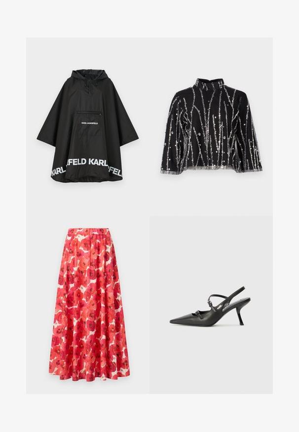 Poncho noir imperméable avec capuche, doté d'une poche avant et d'un logo blanc le long de l'ourlet. Matériau lisse et léger.; Haut court noir à col montant, présentant des lignes verticales en sequins argentés, des manches transparentes et un tissu texturé.; Jupe avec une taille élastique présentant un motif floral de coquelicots rouges et roses sur un fond blanc. Silhouette évasée, tissu léger.; Talons slingback en cuir noir avec un bout pointu, un talon fin et un détail de boucle décorative sur le vamp. Texture lisse et design épuré.