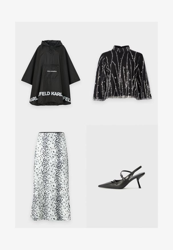 Poncho negru, impermeabil, cu glugă, având o buzunar frontal și detalii cu logo alb pe margine. Material ușor și neted.; Top scurt negru cu guler înalt, prezentând linii verticale din paiete argintii, mâneci transparente și țesătură texturată.; O fustă până la genunchi, realizată dintr-un material alb cu un model stropit în negru și gri, terminată cu un brâu simplu și un logo mic.; Pantofi cu toc slingback din piele neagră, cu vârful ascuțit, toc subțire și detaliu decorativ cu cataramă pe partea din față. Textură netedă și design elegant.