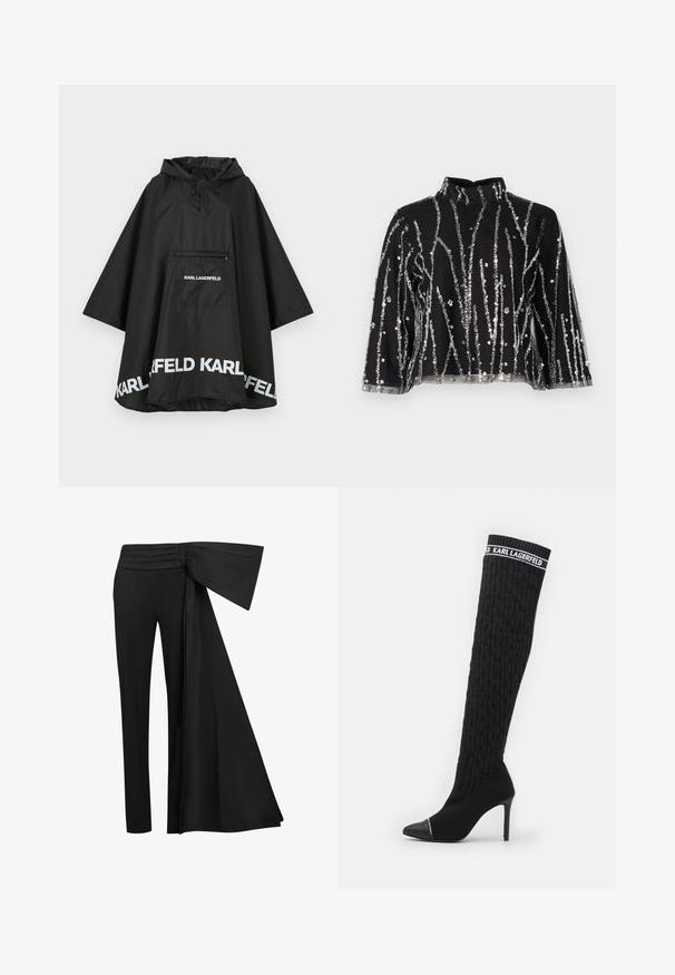 Poncho noir imperméable avec capuche, doté d'une poche avant et d'un logo blanc le long de l'ourlet. Matériau lisse et léger.; Haut court noir à col montant, présentant des lignes verticales en sequins argentés, des manches transparentes et un tissu texturé.; Pantalons noirs avec un large détail de ceinture drapée à la taille. Tissu lisse, coupe droite et taille plissée.; Bottines noires au-dessus du genou avec un design en tricot texturé, bout pointu et talon aiguille. Présente une bande logo en haut.