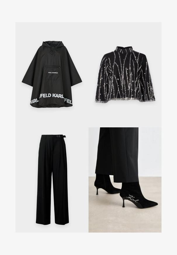 Svart vanntett poncho med hette, med en frontlomme og hvit logo detaljering langs kanten. Glatt, lett materiale.; Svart topp med høy hals, prydet med sølvfargede paljetter i vertikale linjer, gjennomsiktige ermer og teksturert stoff.; Svarte vide bukser med høy livlinje, folder foran og belte med spenne. Laget av glatt, lett materiale.; Sorte semskede ankelstøvler med spisse tåer, slanke hæle og sølv "Kowl" detaljering på siden. Glatt tekstur og tettsittende design.