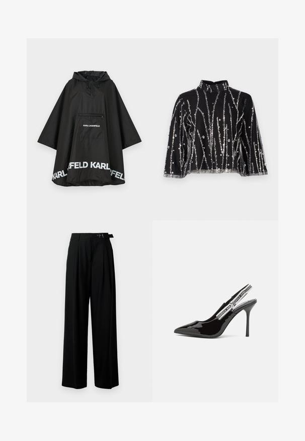 Čierny nepremokavý plášť s kapucňou, vybavený prednou vreckom a bielym logom pozdĺž lemu. Hladký, ľahký materiál.; Čierny crop top s vysokým golierom, ktorý má vertikálne strieborné trblietavé prúžky, priesvitné rukávy a textúrovanú látku.; Čierne široké nohavice s vysokým pásom, skladmi vpredu a opaskom s prackou. Vyrobené z hladkej, ľahkej textílie.; Čierna lodička na opätku s otvorenou pätou z patentovej kože, so špicatou špičkou, úzkym ihličkovým opätkom a nastaviteľným remienkom s logom v bielej farbe.