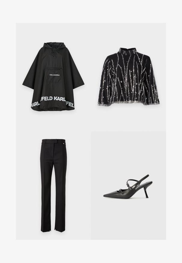 Zwarte waterdichte poncho met capuchon, voorzien van een voorzak en witte logodetails langs de zoom. Gladde, lichte stof.; Zwart cropped top met hoge hals, voorzien van zilveren pailletten in verticale lijnen, doorschijnende mouwen en gestructureerde stof.; Zwarte op maat gemaakte broek met een rechte pijp, voorzien van een tailleband met een knoopsluiting en zijopeningen aan de onderkant.; Zwarte leren slingback hakken met een spitse neus, slanke hak en decoratieve gespdetails op de bovenkant. Gladde textuur en een strakke uitstraling.