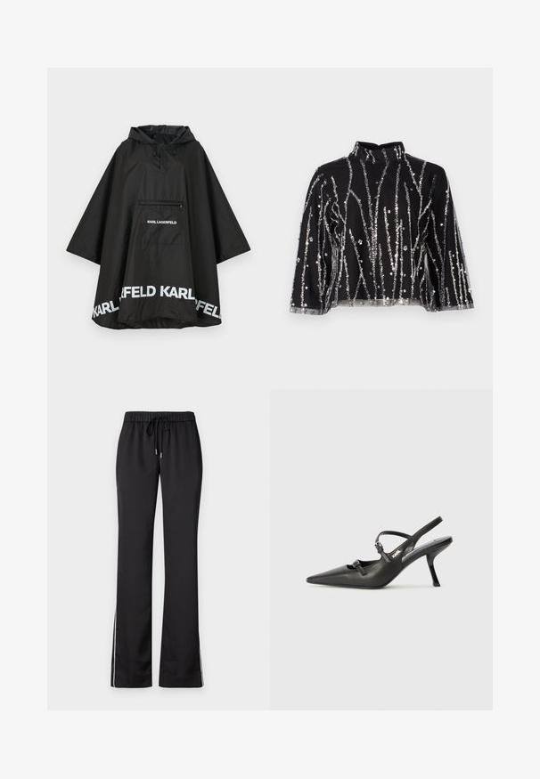 Musta vedenpitävä poncho hupulla, jossa on etutasku ja valkoista logoa helmassa. Sujuva, kevyt materiaali.; Musta lyhyt toppi korkealla kauluksella, jossa on hopeanvärisiä paljetteja vaakasuorina, läpinäkyvät hihat ja teksturoitu materiaali.; Mustat urheiluhousut, joissa on nyörikiinnitysvyötärö, suorat lahkeet ja valkoiset sivustripit, valmistettu sileästä ja kevyestä kankaasta.; Mustat nahkaiset slingback-korkokengät, joissa on terävä kärki, hoikka korko ja koristeellinen solkityyny varpailla. Tasainen pinta ja tyylikäs muotoilu.