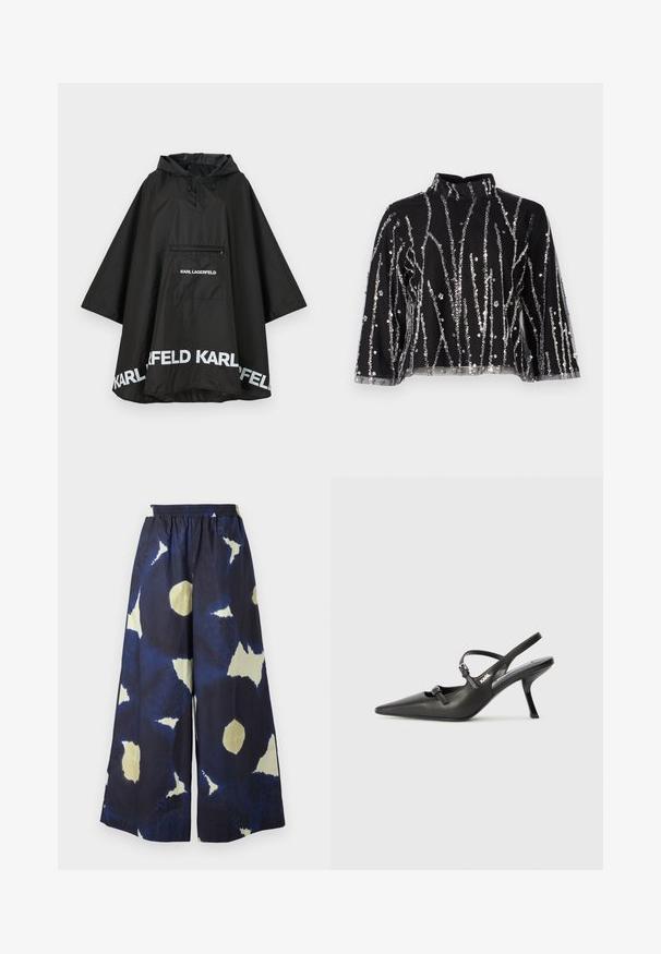 Czarny wodoodporny poncho z kapturem, z kieszenią z przodu i białymi detalami logo wzdłuż krawędzi. Gładki, lekki materiał.; Czarny krótki top z wysokim dekoltem, zdobiony pionowymi liniami z srebrnych cekinów, z przezroczystymi rękawami oraz fakturowanym materiałem.; Niebieskie i kremowe, wzorzyste spodnie o szerokich nogawkach z elastycznym paskiem w talii. Materiał wydaje się lekki i teksturowany. Posiada nieregularne kształty na całej powierzchni.; Czarne skórzane sandały na obcasie typu slingback z wydłużonym noskiem, smukłym obcasem i ozdobnym zapięciem na cholewce. Gładka tekstura i elegancka forma.