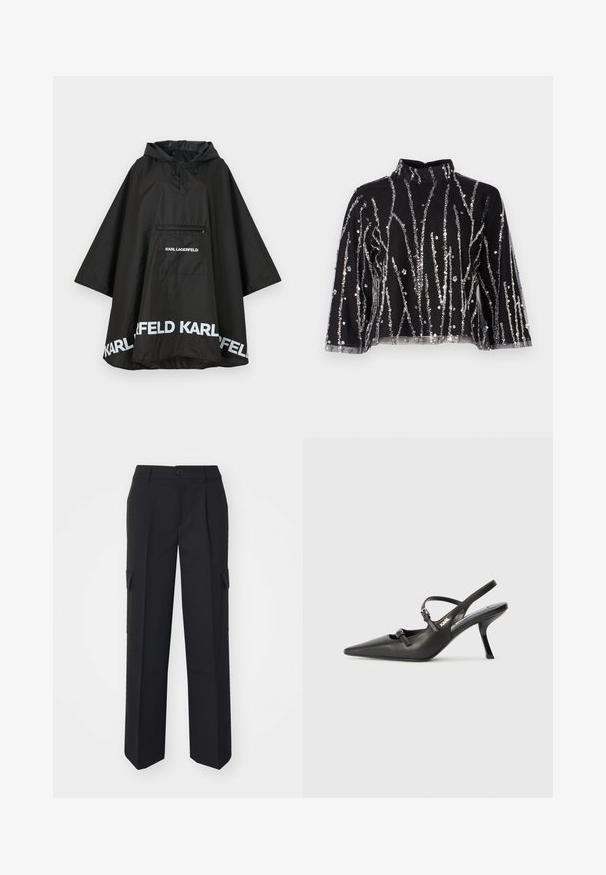 Black waterproof poncho with a hood, featuring a front pocket and white logo detailing along the hem. Smooth, lightweight material.; Black cropped top with high neck, featuring silver sequined vertical lines, sheer sleeves, and textured fabric.; Black cargo pants with a straight-leg design, featuring side pockets, a front button closure, and made from a structured fabric.; Black leather slingback heels with a pointed toe, slender heel, and decorative buckle detail on the vamp. Smooth texture and sleek design.