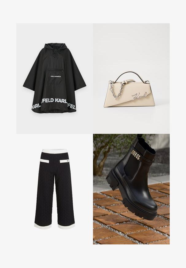 Fekete vízálló poncsó kapucnival, elülső zsebbel és fehér logó részletekkel az alján. Simább, könnyű anyag.; Fekete, cropped fazonú felső magas nyakkal, ezüstszínű flitteres függőleges csíkokkal, áttetsző ujjakkal és texturált anyaggal.; Fekete cropped nadrág textúrált, szőtt mintával. Fehér díszcsíkokkal a deréknál és az alján, valamint két hátsó zsebbel rendelkezik.; Fekete bőr bokacsizma tömzsi gumitalppal, elasztikus oldalsó panelekkel és arany részletként a "GUESS" márkázással.; Beige bőrtáska, struktúrált, háromszögletű formával, ezüst lánc fogantyúval és fém, írott logóval.