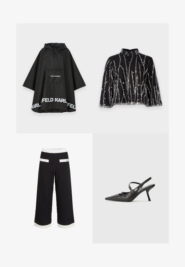 Juodas vandeniui atsparus pončas su kapišonu, turintis priekinę kišenę ir baltus logotipus palei apvadu. Lygus, lengvas audinys.; Juodas trumpas viršus su aukštu kaklu, papuoštas sidabriniais blizgučiais vertikaliomis linijomis, permatomomis rankovėmis ir tekstūruotu audiniu.; Juodos kelnes iki blauzdų su tekstūruotu, audiniu raštu. Yra baltos akcentinės juostos juosmens ir kraštuose, taip pat dvi užpakalinės kišenės.; Juodi odiniai slingback kulniukai su smailiu pirštu, siauru kulnu ir dekoratyvine sagtimi viršuje. Lygus paviršius ir elegantiškas dizainas.