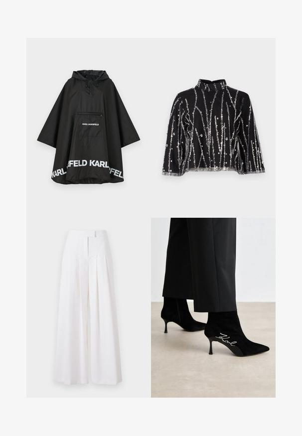 Zwarte waterdichte poncho met capuchon, voorzien van een voorzak en witte logodetails langs de zoom. Gladde, lichte stof.; Zwart cropped top met hoge hals, voorzien van zilveren pailletten in verticale lijnen, doorschijnende mouwen en gestructureerde stof.; Witte wijde broek met plooien, vervaardigd uit een gladde stof. Heeft een hoge tailleband en een op maat gemaakte snit voor een gestructureerde uitstraling.; Zwarte suède enkellaarsjes met spitse neuzen, slanke hakken en een zilveren "Kowl"-details aan de zijkant. Gladde textuur en aansluitend ontwerp.