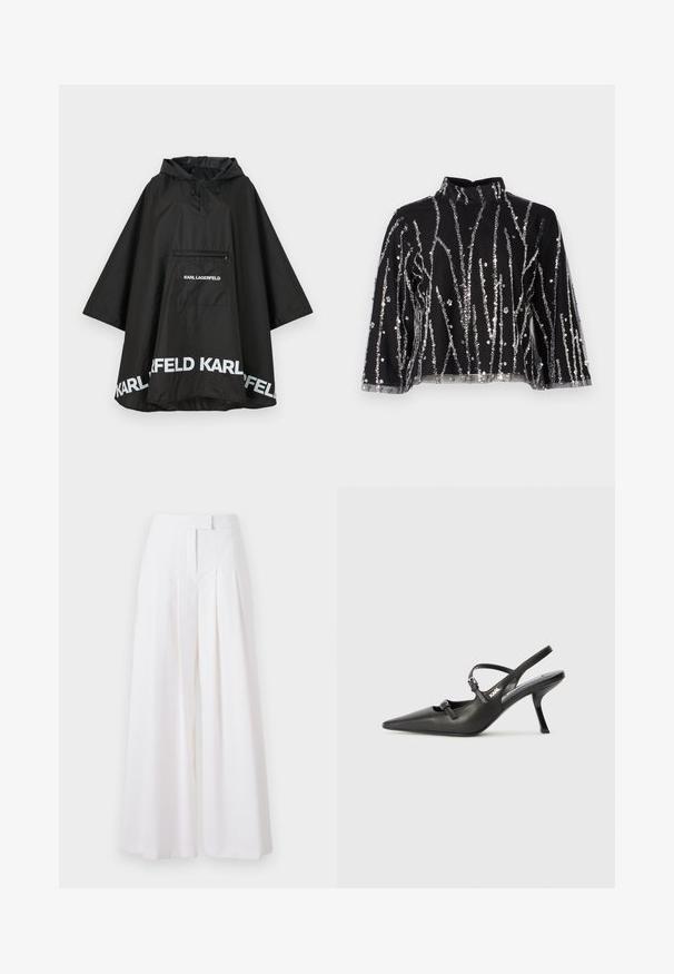 Melnā ūdensizturīgā pončo ar kapuci, ar priekšējo kabatu un baltu logo detalizāciju ap apakšmali. Gluda, viegla materiāla.; Melna īsā topiņa ar augstu kaklu, kurai ir sudraba mirdzošas vertikālas svītras, caurspīdīgas piedurknes un teksturēta auduma.; Baltas platajās biksēs ar krokām, izgatavotas no gludas auduma. Piedāvā augstu jostasvietu un pielāgotu griezumu, nodrošinot strukturētu izskatu.; Melnas ādas slingback papēži ar norādītu purngalu, izsmalcinātu papēdi un dekoratīvu sprādzi uz priekšpuses. Gluda tekstūra un elegants dizains.
