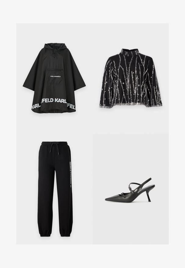 Melnā ūdensizturīgā pončo ar kapuci, ar priekšējo kabatu un baltu logo detalizāciju ap apakšmali. Gluda, viegla materiāla.; Melna īsā topiņa ar augstu kaklu, kurai ir sudraba mirdzošas vertikālas svītras, caurspīdīgas piedurknes un teksturēta auduma.; Melni sporta bikses ar elastīgu jostu, regulējamu auklu un sašaurinātiem piedurkņu galiem. Kreisajā pusē ir balts logo drukājums.; Melnas ādas slingback papēži ar norādītu purngalu, izsmalcinātu papēdi un dekoratīvu sprādzi uz priekšpuses. Gluda tekstūra un elegants dizains.
