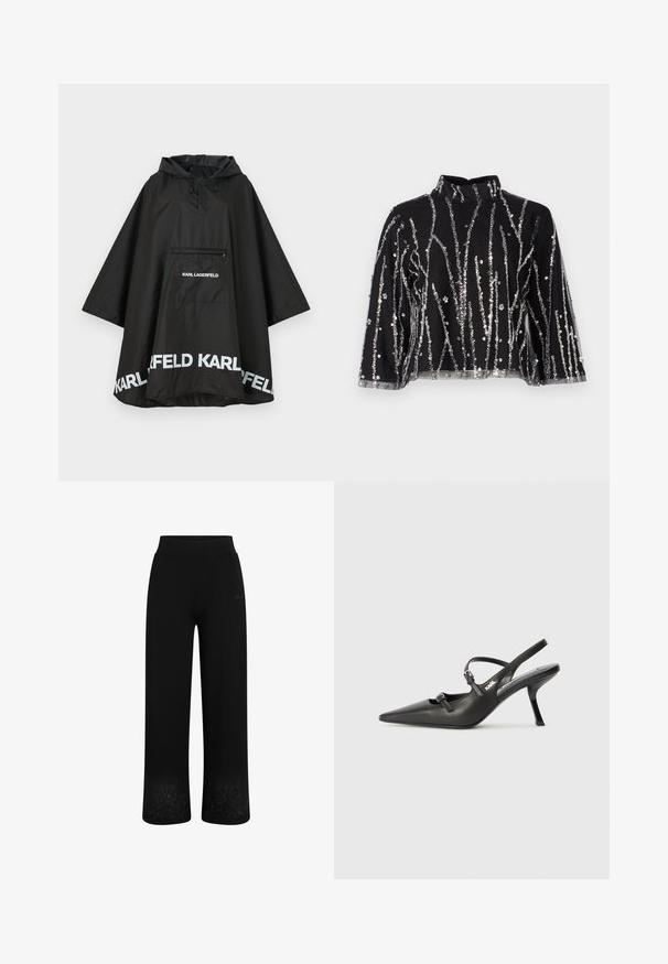 Zwarte waterdichte poncho met capuchon, voorzien van een voorzak en witte logodetails langs de zoom. Gladde, lichte stof.; Zwart cropped top met hoge hals, voorzien van zilveren pailletten in verticale lijnen, doorschijnende mouwen en gestructureerde stof.; Zwarte sweatpants met een wijd lijf stijl, elastische tailleband en bloemenborduursel aan de onderkant. Gemaakt van zachte, rekbare stof.; Zwarte leren slingback hakken met een spitse neus, slanke hak en decoratieve gespdetails op de bovenkant. Gladde textuur en een strakke uitstraling.