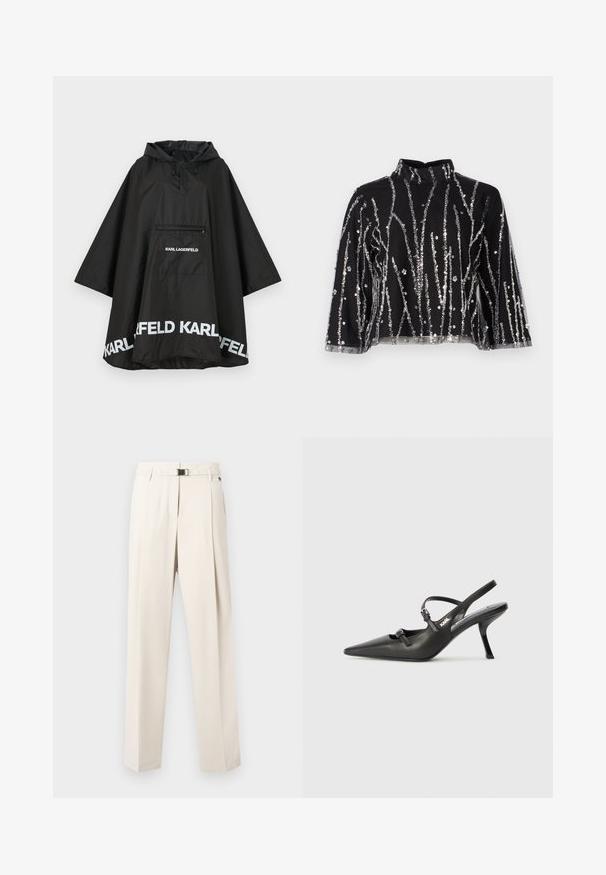 Poncho noir imperméable avec capuche, doté d'une poche avant et d'un logo blanc le long de l'ourlet. Matériau lisse et léger.; Haut court noir à col montant, présentant des lignes verticales en sequins argentés, des manches transparentes et un tissu texturé.; Pantalons beige clair en tissu lisse. Présentent une coupe décontractée, un devant plissé, une taille élastique et une fermeture à boucle en métal.; Talons slingback en cuir noir avec un bout pointu, un talon fin et un détail de boucle décorative sur le vamp. Texture lisse et design épuré.