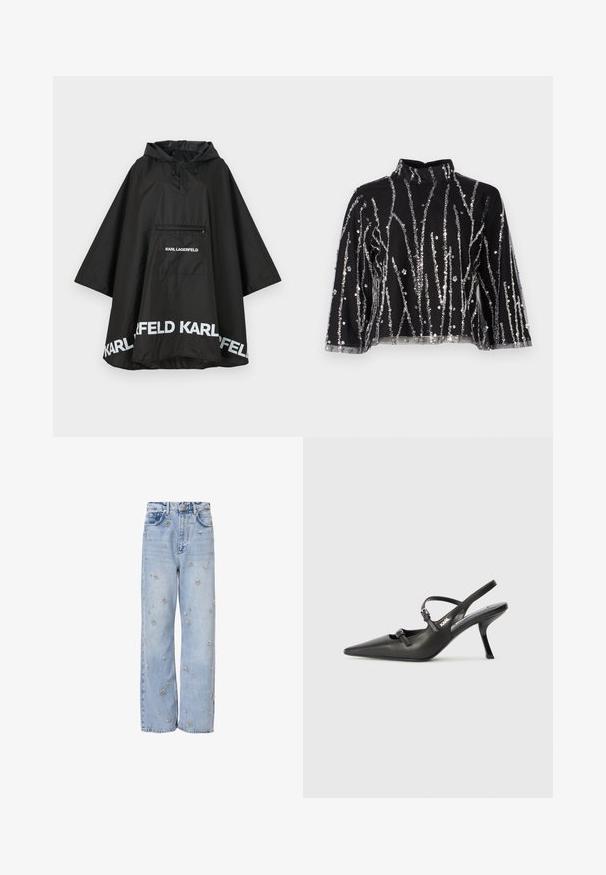 Zwarte waterdichte poncho met capuchon, voorzien van een voorzak en witte logodetails langs de zoom. Gladde, lichte stof.; Zwart cropped top met hoge hals, voorzien van zilveren pailletten in verticale lijnen, doorschijnende mouwen en gestructureerde stof.; Lichtblauwe denim jeans met een relaxte pasvorm, voorzien van zilveren bloemenborduring en een standaard vijf-pocketstijl.; Zwarte leren slingback hakken met een spitse neus, slanke hak en decoratieve gespdetails op de bovenkant. Gladde textuur en een strakke uitstraling.