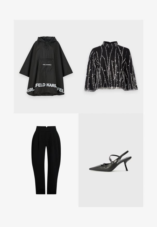 Črn vodoodporen pončo s kapuco, ki ima sprednji žep in bele logotipske detajle ob robu. Gladek, lahek material.; Črn skrajšan top z visokim ovratnikom, ki ima srebrne sequins vertikalne črte, prosojne rokave in teksturirano blago.; Črne narejene hlače z visokim pasom, ki imajo sprednje gube, gladko teksturo in zožene noge za oprijet silhueto.; Črne usnjene sandale na peto s koničastim nosom, vitko peto in okrasno zaponko na sprednjem delu. Gladka tekstura in eleganten dizajn.