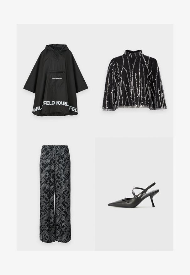 Svart vattentät poncho med huva, som har en framficka och vit logotypdetalj längs nederkanten. Slätt, lätt material.; Svart kort topp med hög hals, prydd med silverfärgade paljetter i vertikala linjer, genomskinliga ärmar och texturerad väv.; Breda byxor i svart tyg med ett vitt geometriskt mönster. Elastisk midja, flödande design och sidoflikar.; Svarta läderklackar med slingback, spetsig tå, smal klack och dekorativ spänndetalj på ovansidan. Slät struktur och stilren design.
