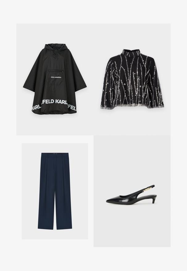 Black waterproof poncho with a hood, featuring a front pocket and white logo detailing along the hem. Smooth, lightweight material.; Black cropped top with high neck, featuring silver sequined vertical lines, sheer sleeves, and textured fabric.; Navy wide-leg trousers with a high waist, featuring a pleated design, smooth fabric, and a concealed front closure.; Black leather slingback heels with a pointed toe, featuring a slim heel and a gold-tone accent on the adjustable strap. Smooth texture.