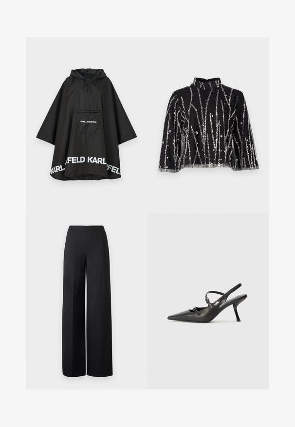 Sort vandtæt poncho med hætte, der har en frontlomme og hvidt logo-detalje langs kanten. Glat, letvægtsmateriale.; Sort cropped top med høj hals, prydet med sølvfarvede palietter i lodrette linjer, gennemsigtige ærmer og tekstureret stof.; Sorte brede benbukser lavet af glat stof. Har en høj talje og rene, lige linjer uden synlige lommer eller pynt.; Sorte læder slingback hæle med spids tå, slank hæl og dekorativ spænde detalje på vampen. Glat tekstur og strømlinet design.