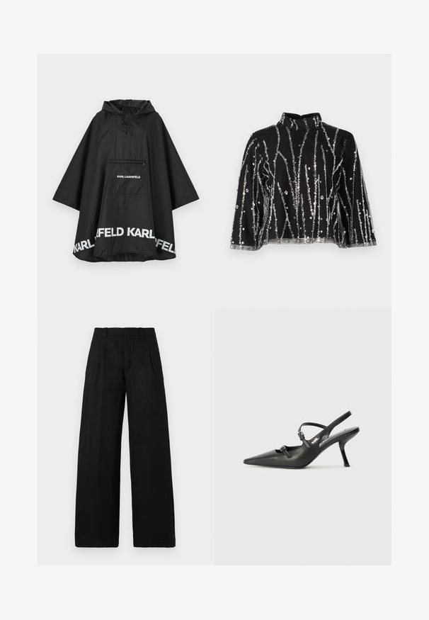 Poncho noir imperméable avec capuche, doté d'une poche avant et d'un logo blanc le long de l'ourlet. Matériau lisse et léger.; Haut court noir à col montant, présentant des lignes verticales en sequins argentés, des manches transparentes et un tissu texturé.; Pantalons larges noirs en tissu tissé lisse. Dotés d'un devant plat avec deux plis et des passants de ceinture. Design simple et épuré.; Talons slingback en cuir noir avec un bout pointu, un talon fin et un détail de boucle décorative sur le vamp. Texture lisse et design épuré.